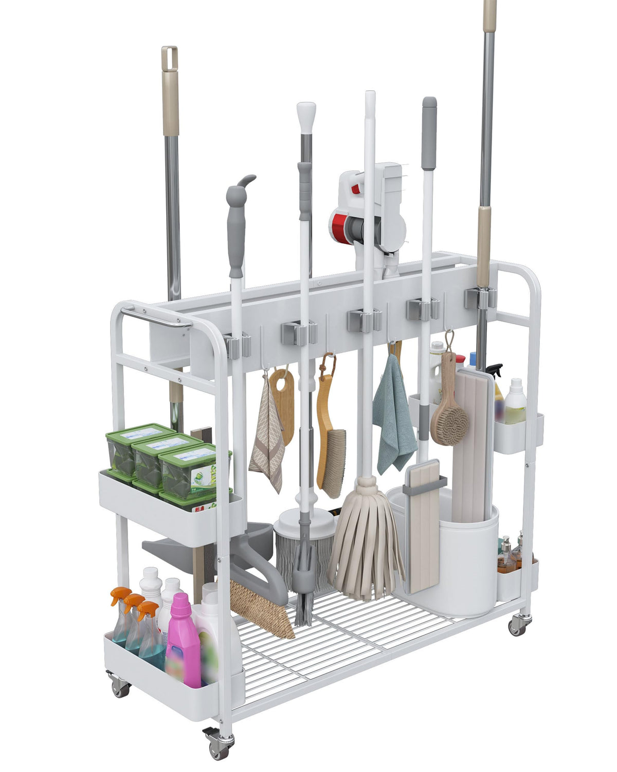 Broom and Mop Holder with Cleaning Supplies Organizer (White) - Image 1