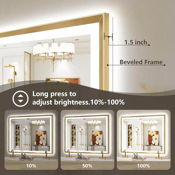 48x38 Gold Framed LED Bathroom Mirror with Lights, Backlit and Front Light, Lighted Bathroom Vanity Mirror for Wall Dimmable Anti-Fog Memory Tempered Glass Horizontal/Vertical
