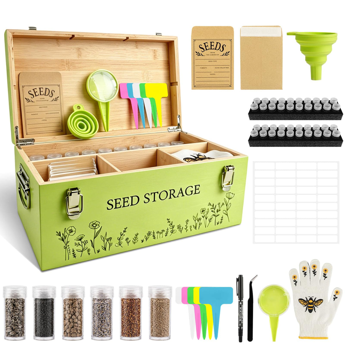 Fayoo Wooden Seed Storage Organizer Box with 40 Seed Vials - Image 1