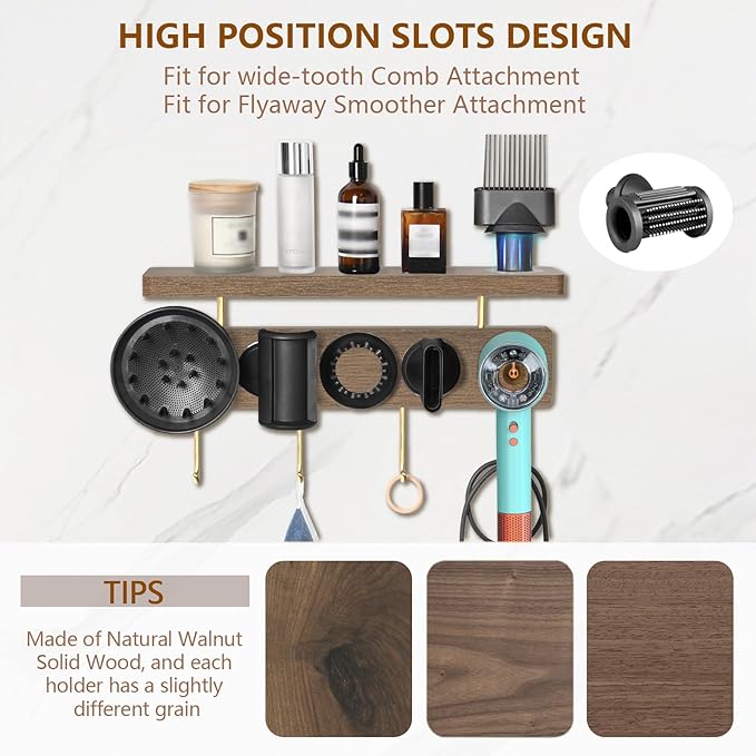 Affogato Hair Dryer Holder Wall Mount Compatible with Dyson Supersonic, Blow Dryer Accessories and Attachments Organizer Storage Rack, Wood