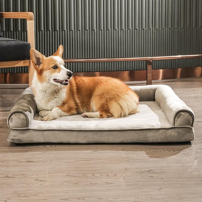 Amazon Basics Dog Bed with Cooling Gel Memory Foam, Pressure-Relief Support for Dogs up to 30lbs, Non-Slip Bottom, Machine Washable Cover, Medium Sized (30" x 20"), Taupe