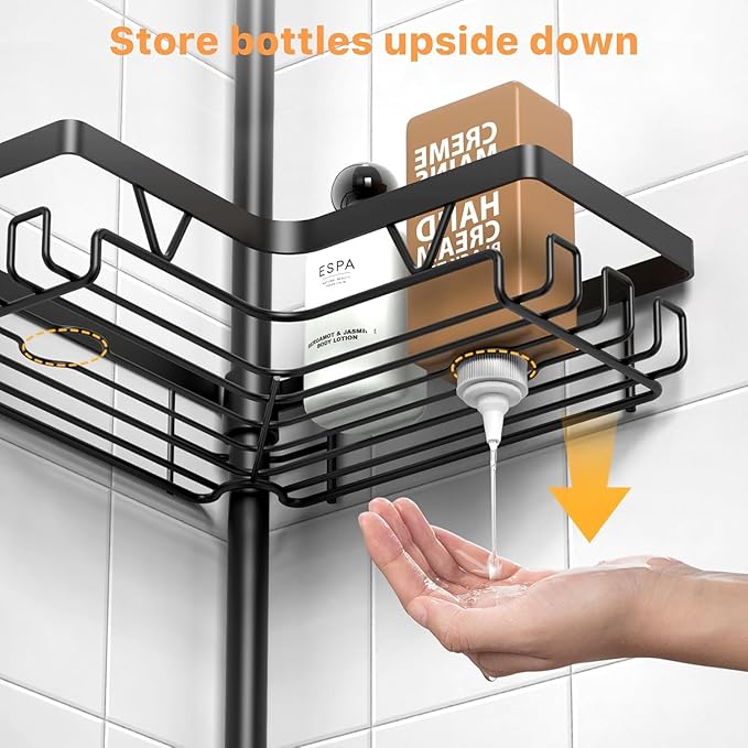 KEGII Corner Shower Caddy Tension Pole, Bathroom Shower Organizer with Toothbrush Holder, No Drilling Bathtub Shelf for Inside Shower, Rustproof Bathroom Tub Organizer, Adjustable 25-114.2 Inch