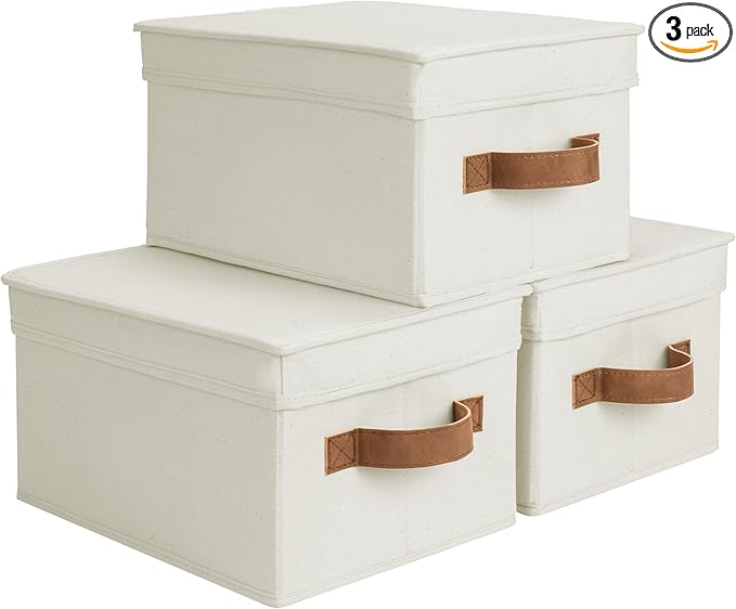 StorageWorks Storage Bins with Lids, Decorative Storage Boxes with Lid and PU Handles, Foldable Storage Baskets for Closet, Shelves, Stackable, Ivory, Medium, 3-Pack