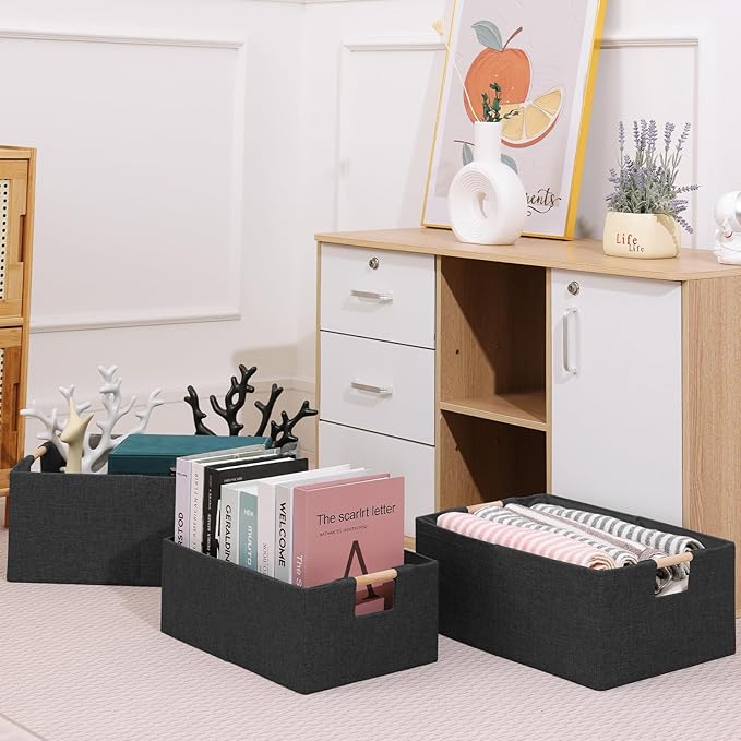 ANMINY 2PCS Storage Baskets for Organizing Collapsible Fabric Storage Bins Boxes with Wood Handles Closet Shelves Cube Organizer Bins Clothes Laundry Storage Container - Small, Black
