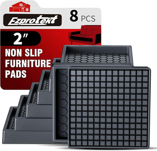 Ezprotekt Non Slip Furniture Pads, 8 Pcs 2" Anti Slip Rubber Caster Cups, Anti Skid Furniture Coasters for Hardwood Floors, No Slide Furniture Gripper, Furniture Stoppers to Prevent Sliding (Black)