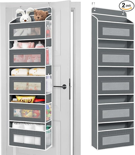 2 Pack 5-Tier Over the Door Organizer with 5 Large Side Pockets, 40lb Ultra Sturdy Large Capacity Behind the Door Storage, Stuffed Animal Storage for Pantry Bathroom Closet Baby Essentials(Grey)