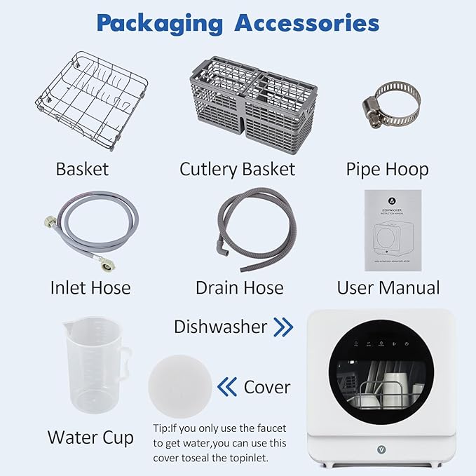 Countertop Dishwasher, Mini Dishwasher with Faucet & Manual Water Tank(5L) Modes Water Inlet, Compact with More Space Inside,6 Programs Ideal for RV & Apartments, No Hookup Needed
