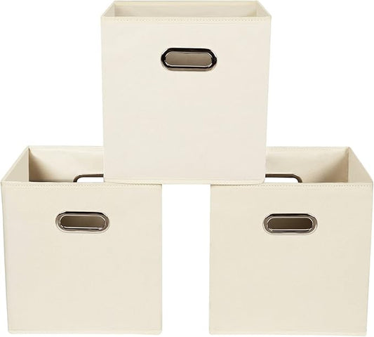 Yunkeeeper storage bins Cubes, Fabric Cube Organizer with Handle, Foldable Cube Bins for Cloth or Accessary Storage, 11x11x11, Set of 3, (Creamy White)