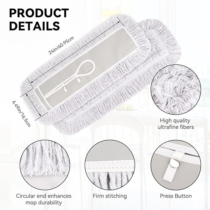 24 Inch Dust Mop Head: Replacement Medium Washable Commercial Mop Head Sweeper and Janitorial Replacement with Botton (White - 24 Inch, 3 Pack, Botton)