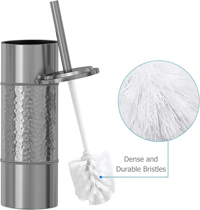 nu steel Hammer Detail Stainless Steel Toilet Brush with Covered Metal Case Finish Comes with a Complete Plastic Liner Inside to Prevent Dripping, Silver