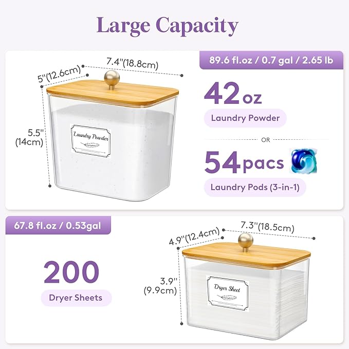 Lifewit Laundry Pods Container with Lid, Dryer Sheet Holder, Room Organization Storage for Coffee Pods Kcup Washing Powder, Scent Booster Beads, 2600 +2000ml/0.53+0.7gal，Natural,4 Pcs