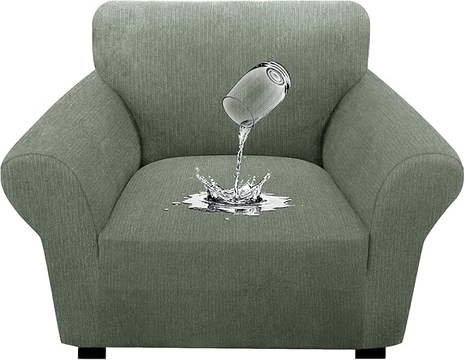 Waterproof Stretch Spandex Chair Sofa Slipcover - Non-Slip Soft Couch Cover with Elastic Bottom, Washable Leakproof Furniture Protector for Kids, Pets, Dogs & Cats (Chair, Green)