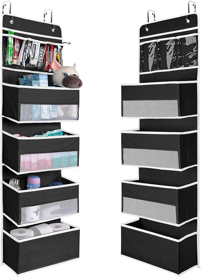 NesTidy 2 Pack Over The Door Organizer Storage, Wall Mount Hanging Organizer with 4 Large Capacity Pocket Organizers and 3 Small Pockets for Baby Essentials, Toys, Cosmetics, and Sundries (Black)