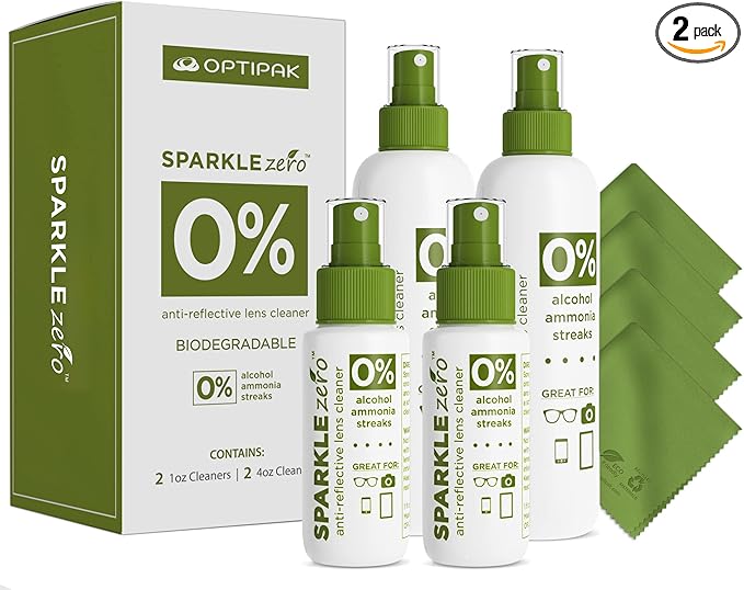 Sparkle Anti-Reflective Eco Friendly Lens Cleaner Spray Kit |(2x) 4oz + (2x) 1oz Glasses Cleaner Bottle + (4x) Microfiber Cloth for Eyeglasses, Lenses, Screens and Sunglasses Cleaning Kit(8 Piece Set)