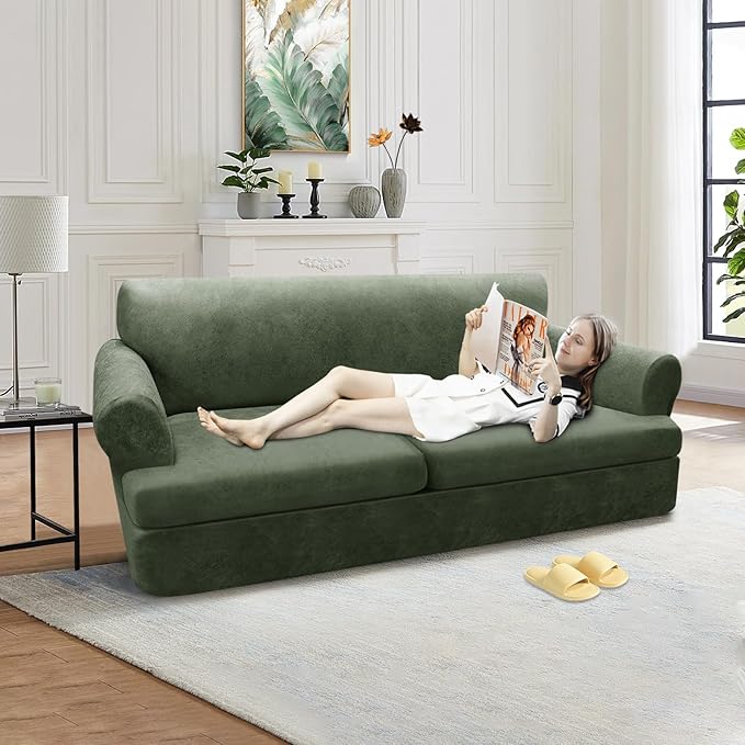 3-Pieces T Cushion Loveseat Slipcovers Leather Look Couch Cover Loveseat Covers for 2 Cushion Couch Furniture Protector Stretch Sofa Cover with 2 Individual T Cushion Seat Covers, Army Green
