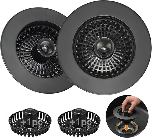 Kitchen Sink Stopper, 3 in 1 Pop Up Kitchen Sink Drain Strainer, with an Extra Basket Strainer, Sink Drain Stopper for US Standard 3-1/2 Inch, Brass Material Electroplate (Black 2pcs)