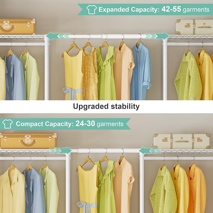 SEMHOR E06 Expandable Heavy Duty Clothes Rack for Reach-in Closet, Large Freestanding Clothing Racks with Shelves, Carbon Steel Closet System Adjustable from 70.8-93.9", Max Load 800LBS, White