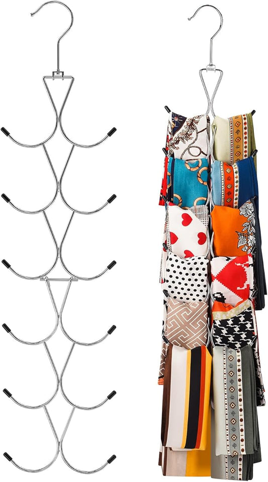 Scarf Hanger 2 Pack 24 Storages,Purse Hanger with 360 Swivel Hook,Scarf Organizer Scarf Hangers for Closet,for Scarves, Shawl,Belt,Purse & Baseball Cap