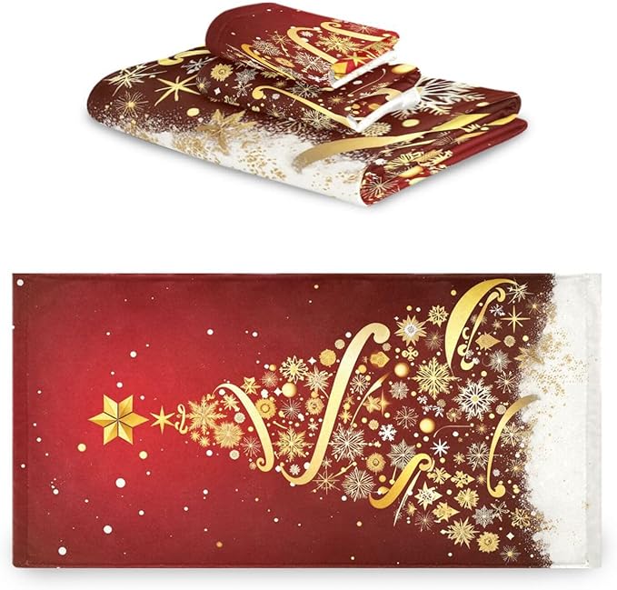 Pfrewn Golden Snowflakes Christmas Tree Forest Towels Set of 3 Winter Red Snowy Christmas Bathroom Towel Soft Absorbent Bath Hand Towels Washcloth Guest Towel Sets Xmas Holiday Decor