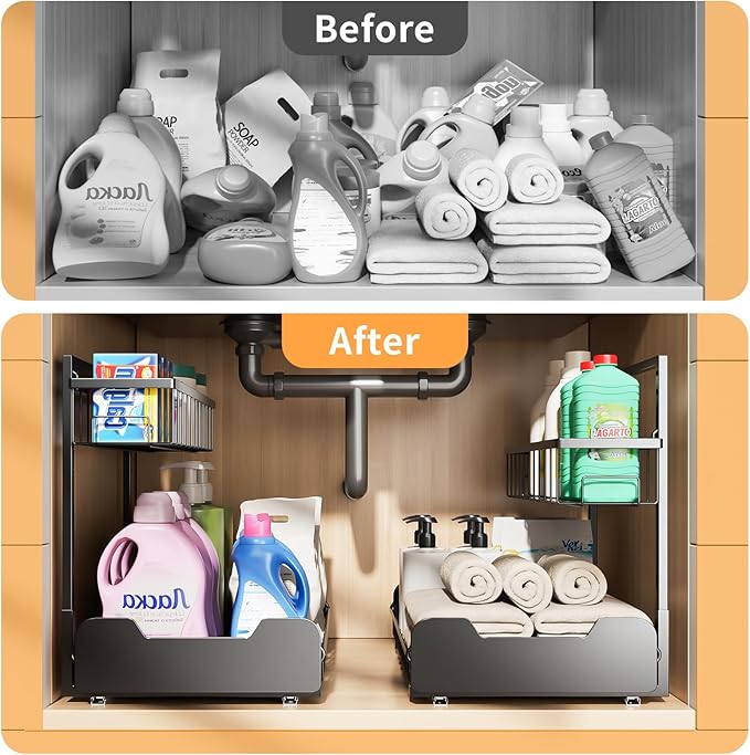 Under Sink Organizer, 2-Tier Thickened All-Metal L-Shaped Pull Out Cabinet Organizer Shelf, Height Adjustable Slide Out Storage Drawer for Kitchen, Bathroom, Laundry, Black, 2-Pack