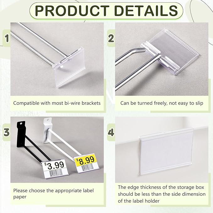 Tatuo 100 Pcs Reusable Plastic Wire Shelf Label Holders, Price Card Sign for Pantry Retail Supermarket Merchandise Shopping Mall Shop Ticket Display Holder Clip on Design, 2.36" L x 1.65" H (Clear)