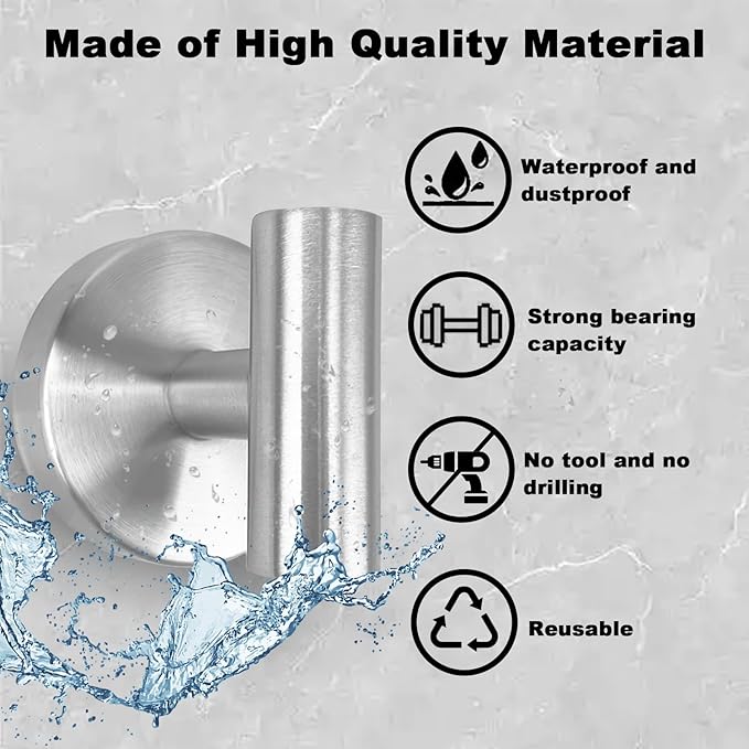 Suction Cup Shower Towel Hooks, Wall Mount Robe Holder, Heavy Duty No Drill Wall SUS304 Waterproof Stainless Steel Hooks for Bedroom, Bathroom, Kitchen, Hotel and Office (2*Brushed Nickel)