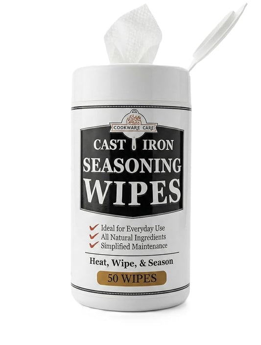Cookware Care Cast Iron Seasoning Oil Wipes, 50 Wipes, Made in USA with Grapeseed Oil for Cast Iron Skillet, Blackstone Griddle (1 pack)