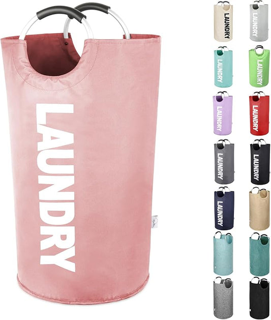 Large Laundry Basket Collapsible，Freestanding Clothes Hamper Bag with Handles – Tall Folding Dirty Laundry Bin，Sturdy Laundry Sorter for College Dorm，Laundry Room – 95L (Pink)