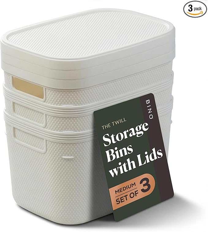 BINO | Plastic Storage Bins with Lids, 5.5 Liter - 3 Pack, White | THE TWILL COLLECTION | Plastic Bins for Organization | Woven Storage Baskets for Organizing | Pantry Shelf Organizer Basket Bin