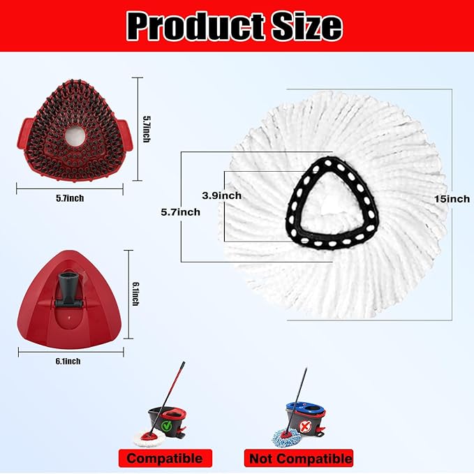 4Pcs Spin Mop Replacement Heads,Mop Replace Head Compatible with Ocedar Easywring 1-Tank System,Machine Washable & Easy to Replace.Including 2 Spin mop Replacement Heads, 1 Brush Head and 1 Base