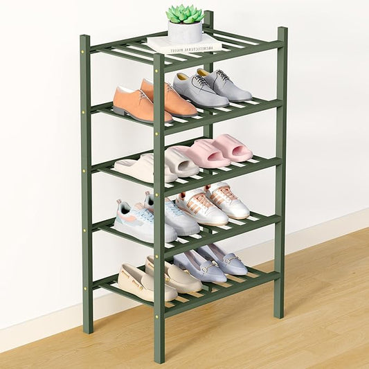 Smiry Bamboo Shoe Rack for Closet, 5 Tier Small Wooden Stackable Shoe Organizer, Free Standing Shoes Storage Shelf for Entryway, Front Door Entrance, Green