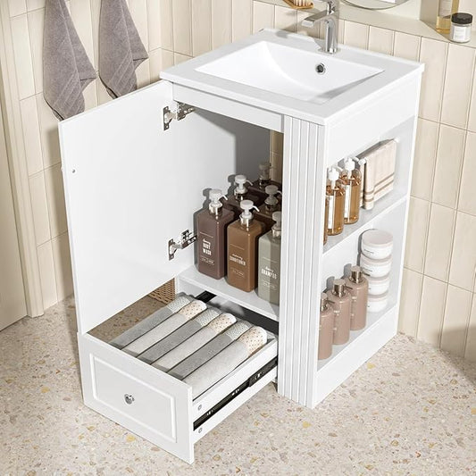 20 in Small Bathroom Vanity with Sink,Drawer,Doors and Side Storage & Toilet Paper Holder, Solid Wood & MDF Modern Single Bathroom Sink Cabinet with Drawers,Freestanding (White,20 in)