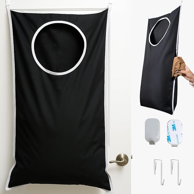 Hanging Laundry Hamper Bag XL 40x22", Space Saving over the Door Storage Bags, Behind the Door Hampers for Dirty Clothes & Wall Mounted Basket for Bathroom (1, Black)