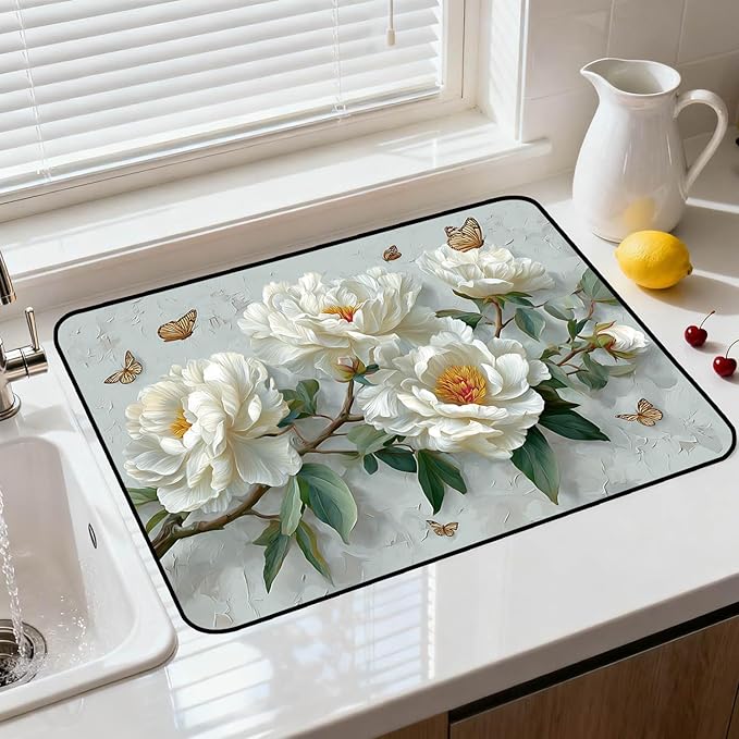 Glass Stove Top Covers for Electric Stove, Heat Resistant Counter Protector Mat, Non Slip Waterproof Surface Cover for Kitchen Counter and Cooktop (White Peonies, 28"L x 20"W)