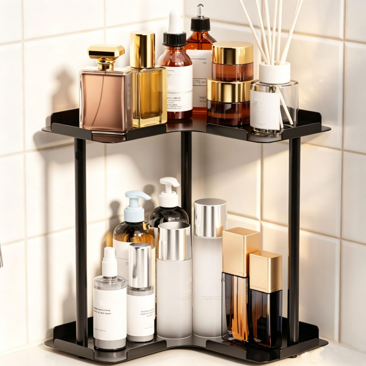 2 Tier Corner Bathroom Counter Organizer Storage Shelf, Black - Image 1