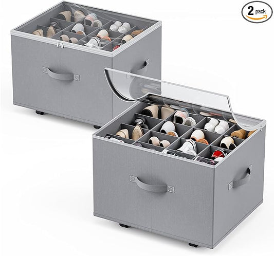 HOUSE AGAIN Shoe Organizer for Closet, 2 Pack Shoe Storage Organizer with Wheels, Foldable Shoe Storage Box with Adjustable Dividers and Clear Cover, Reinforced Handles, Fits up to 16-32 Pairs, Gray