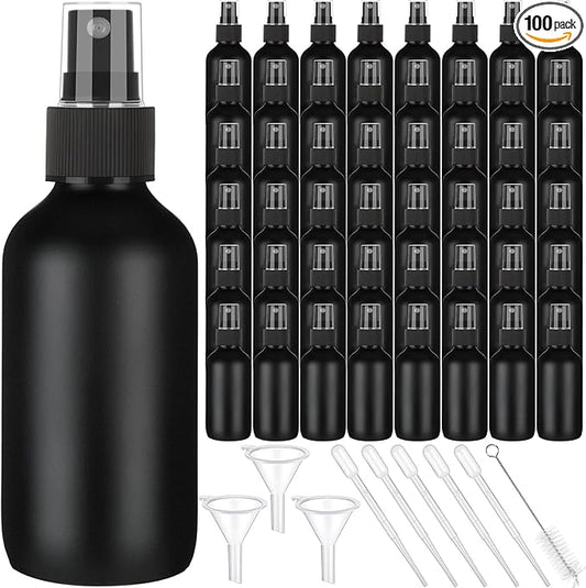 Yungyan 100 Pcs 4 oz Mini Glass Spray Bottles Empty Small Essential Oil Bottles Fine Mist with 3 Funnel 5 Dropper Cleaning Brush for Hair Travel Plants Perfumes(Black)