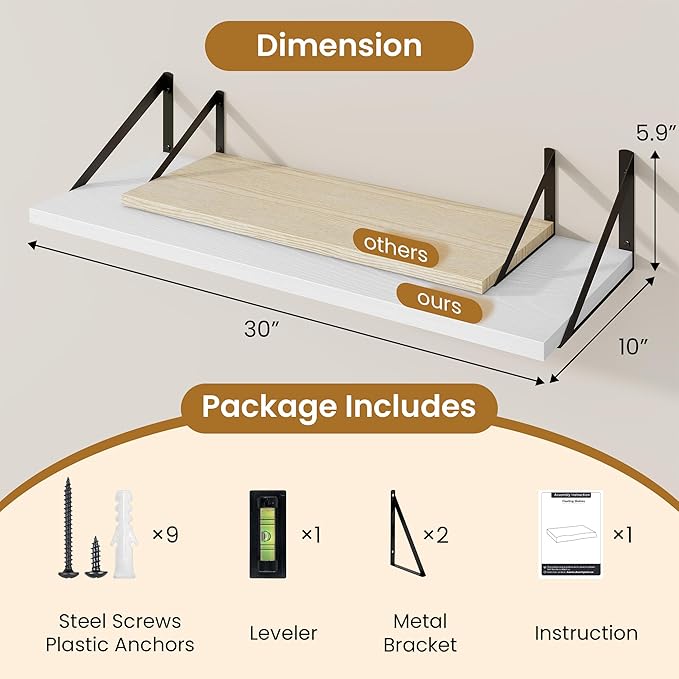 Deep Floating Shelves for Wall,30" Wx10 D Wood Floating Shelf Set of 2,Sturdy Metal Bracket Wide Display & Storage,Wall Mounted Hanging Floating Shelves for Living Room,Bedroom,Kitchen,White