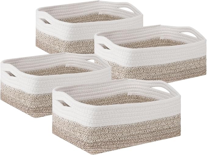4 Pack Storage Baskets for Organizing, Small Storage Bins for Shelves, Woven Cotton Rope Baskets with Handles, Organizer Baskets for Gifts Empty, 12''Lx8''Wx4.5''H (Gradient Brown)