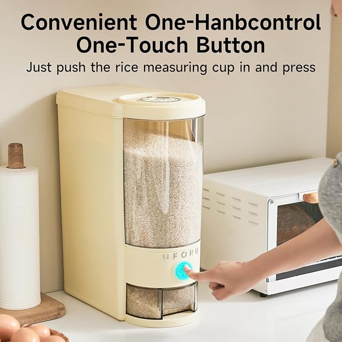 Rice Dispenser 10 lbs | Large Rice Storage Container for Kitchen&Pantry - Space-saving, Moisture & Pest-proof, BPA-Free - Dry Food Dispenser with One-Touch Dispenser & Measuring Cup for Families