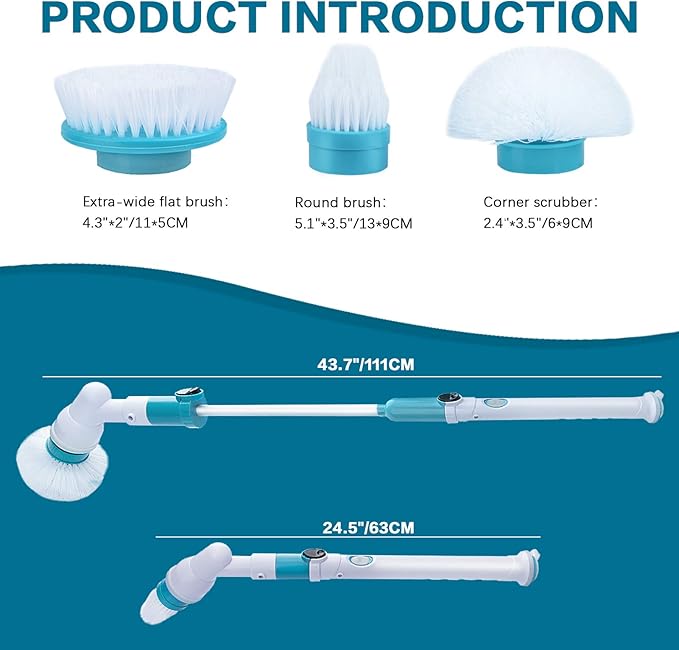 Electric Spin Scrubber 360 Cordless Power Brush Shower Scrubber, Electric Brush Scrubber with Adjustable Extension Arm and 3 Replaceable Bathroom Scrubber Cleaning Brush Heads