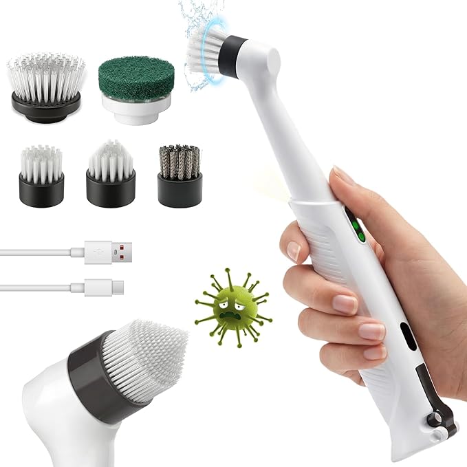 Electric Spin Scrubber-Waterproof Rechargeable with LED Light,5 Multi-Purpose Brush Heads for Deep Cleaning Grout, Tile, Bathroom, Kitchen, Sink, Shower, Tub, Corners & Tight Spaces