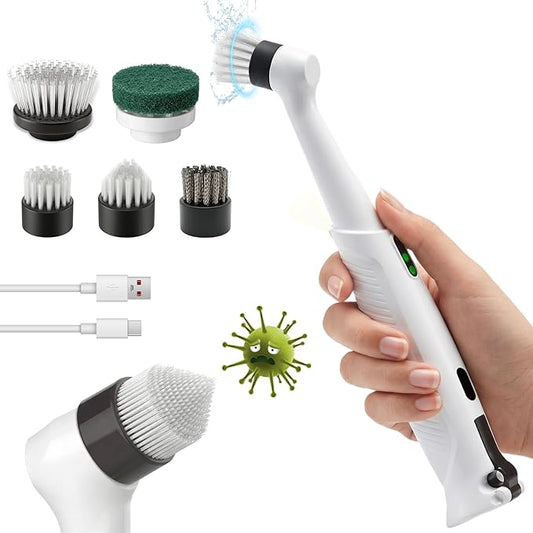 Electric Spin Scrubber-Waterproof Rechargeable with LED Light,5 Multi-Purpose Brush Heads for Deep Cleaning Grout, Tile, Bathroom, Kitchen, Sink, Shower, Tub, Corners & Tight Spaces