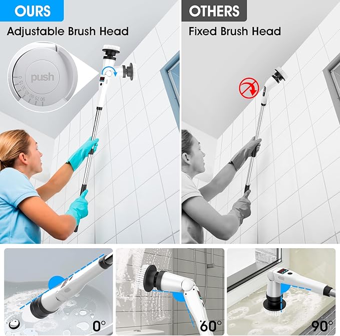 Electric Spin Scrubber Shower Scrubber with Long Handle & 3 Speeds, Rechargeable Cordless Power Scrubber Spin Brush for Cleaning Bathroom, Tub, Floor, Tile（Black-Beige
