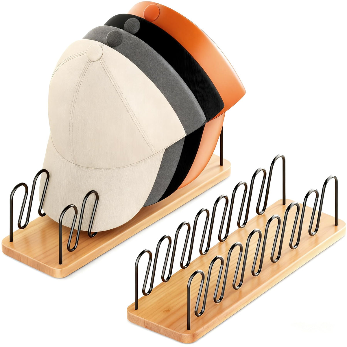 Hat Organizer for Baseball Caps, 2 Pack Wood & Metal Hat Rack - Image 1