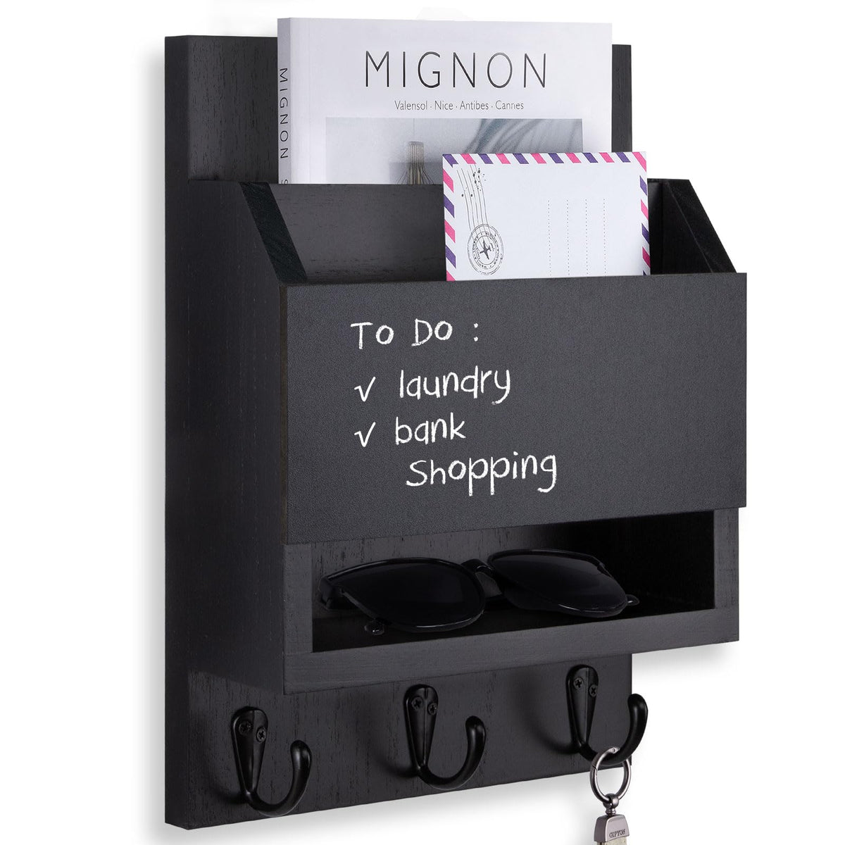 Key and Mail Holder for Wall with Chalkboard and Long Storage Box - Image 1