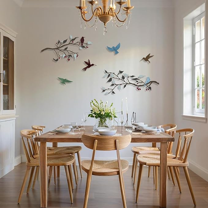 Harikikochuu 4PCS Metal Birds Wall Decor, Birds on the Branch Silhouette Art, Metal Leaves with Bird Outdoor Hanging Wall Sculpture for Home Office Balcony Garden Decor.（Colorful,Hummingbirds）