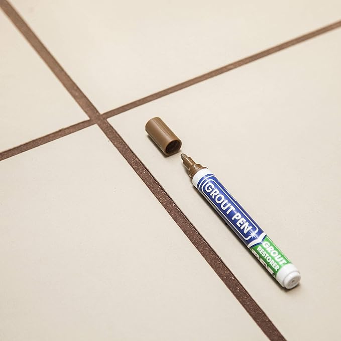 Grout Pen Tile Paint Marker: Brown Narrow 5mm with 5 Pack Replacement Tips - Waterproof Grout Colorant and Sealer Pen to Renew, Repair, and Refresh Tile Grout - Cleaner Coating Stain Pens