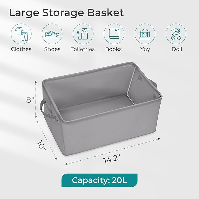 Storage Basket Bins with Metal Frame, Large Collapsible Fabric Storage Baskets for Organizing Shelf, Basket Organizer W/Handles for Blankets, Towels, Laundry, Shelves, 6-Pack, Grey