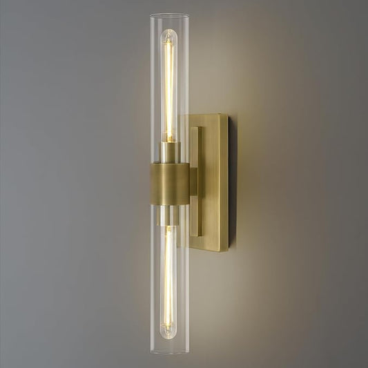 Brass Bathroom Vanity Light, 2-Light Bathroom Wall Sconce Over Mirror, 22.8" Gold Vanity Light for Bathroom, Dimmable Vanity Sconce with Glass Tube, Bathroom Linear Sconce for vertical and horizontal